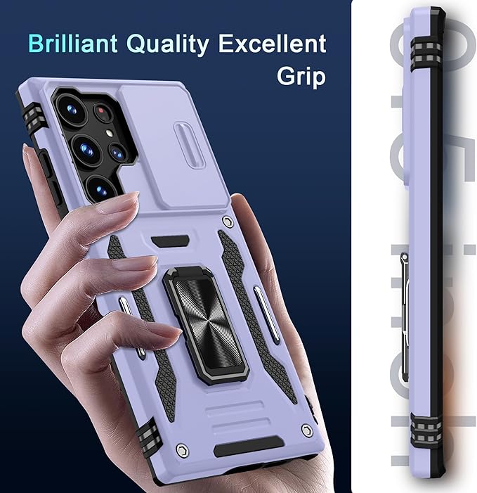 DEERLAMN Case for Samsung Galaxy S25 Ultra with Slide Camera Cover+Screen Protector (1 Pack), Rotated Ring Kickstand Military Grade Shockproof Protective Cover-Light Purple