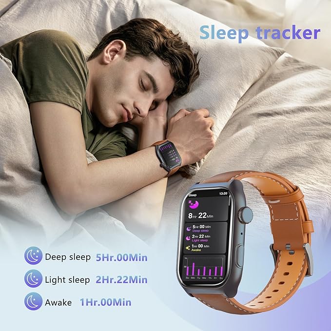 YMS Android Smart Watch for Women - Bluetooth Call,Compatible with Android & iOS,2.0" HD Screen, Heart Rate/Sleep/Step Tracker, 100+ Sports Modes,IP68 Waterproof Men Fitness Tracker (Brown(Leather))