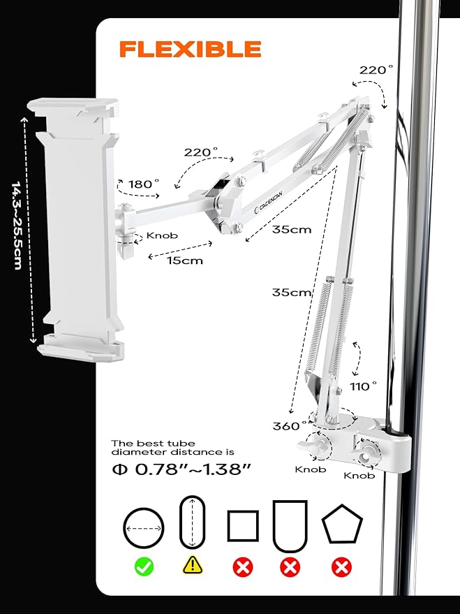 Tablet Stand, Tablet Mount Adjustable with Clamp for Round tube, Universal Flexible Tablet Holder with 360 Degree Rotation for iPad/iPhone/iPad Pro/N-Switch,or Other 4.5~13.5 Inches Devices (White)