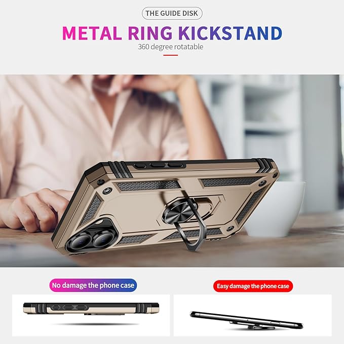 ADDIT Compatible with iPhone 17 Case with Tempered Glass Screen Protector, Adjustable Kickstand Ring, Military-Grade Heavy Duty Protection, Shockproof, Anti-Fingerprint,Gold