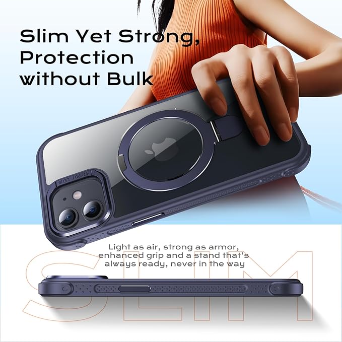 Anqrp O-Ring Magnetic Kickstand Clear Case for iPhone 12/12 Pro, Compatible with Mag-Safe, Military-Grade Reinforced 4-Corners Anti-Yellowing Transparent Phone Case Cover for iPhone 12/12 Pro, Blue