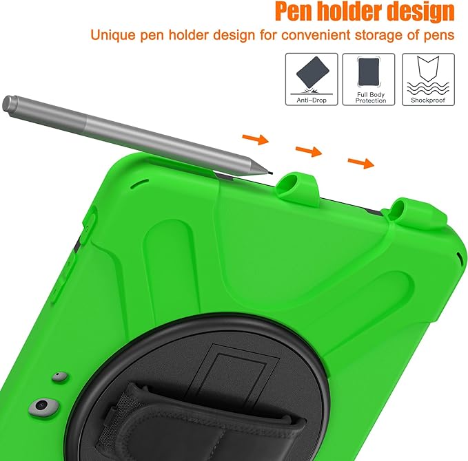 ZenRich Rugged Case for Surface Go 4 (2023)/Surface Go 3 (2021)/ Surface Go 2 (2020), Surface Go (2018) with Pen Holder Heavy Duty Shockproof Case with Stand Hand Strap and Shoulder Belt-Green