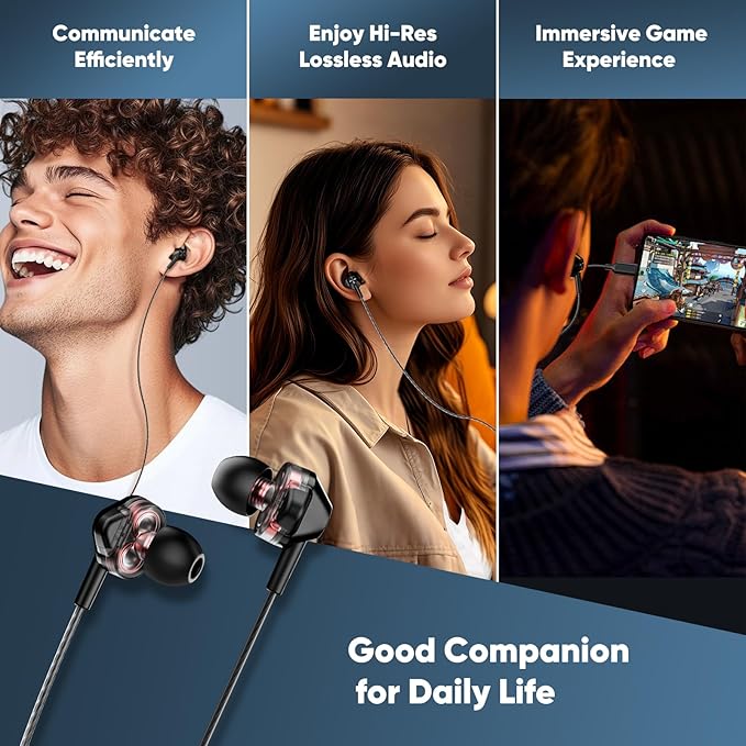 Dual Driver Hi-Fi Headphones with HD Microphone, USB-C Wired in-Ear Earbuds, Deep bass, Noise Isolation, Inline Control, for iPhone15/16, Samsung Smartphone, Android Phone, Laptop, USB Type C Device