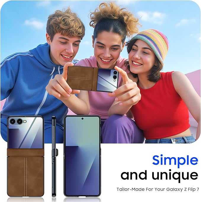 for Samsung Galaxy Z Flip 7 Case with Hinge Protection & Built-in Screen Protector, Ultra Thin Stylish Leather Matte PC Durable Shockproof Cover Phone Case for Galaxy Z Flip 7-Brown