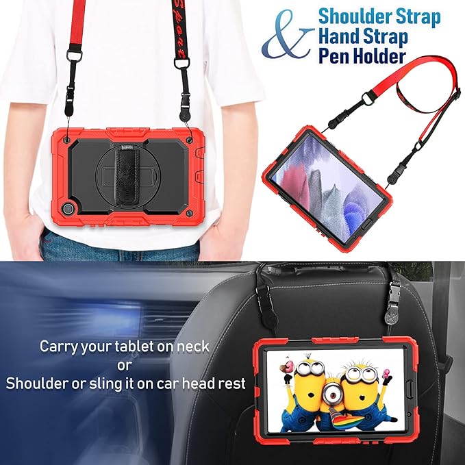 Timecity Case for Samsung Galaxy Tab A7 Lite 8.7'' 2021 (SM-T220/T225/T227), Full-Body Shockproof Protection Case with Screen Protector & 360 Rotating Stand Hand Strap - Red