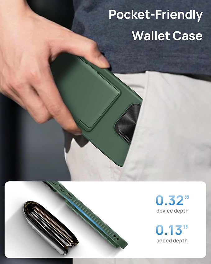 for iPhone 16 Pro Max Case with Card Holder & Lens Cover & Kickstand, Military Grade Drop Tested Soft Silicone Edge Rugged Protective Wallet Phone Case for iPhone 16 Pro Max 6.9", Green