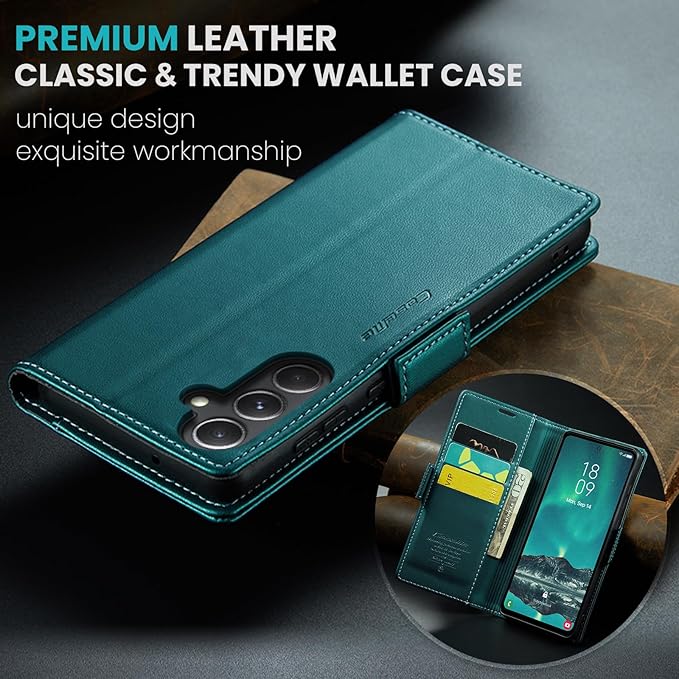 AUPAI for Samsung Galaxy S23 FE Wallet Case with Credit Card Holder, PU Leather RFID Blocking Folio Flip Kickstand Magnetic Clasp Protective Phone Cover for Women Men Cyan