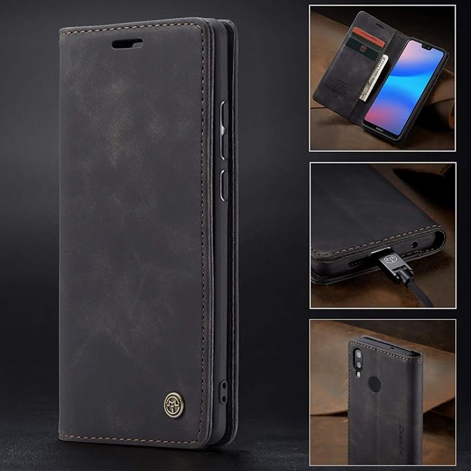 for Huawei P20 Lite Case, Flip Wallet Leather Case with Card Holder Magnetic Closure Shockproof Kickstand Protective Phone Cases Cover for Huawei P20 Lite,Black