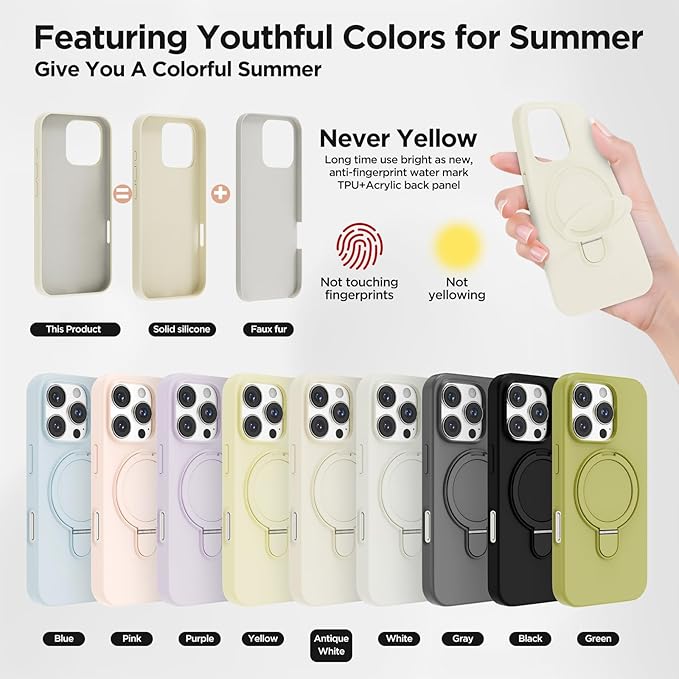 Magnetic Stand for iPhone16 Pro Case with Kickstand 【Lab-Certified Protection】【Not Yellowing】【Anti-Fingerprint】 Durable, Enhanced Grip, Slim,Antique White,iPhone 16 Pro 6.3"