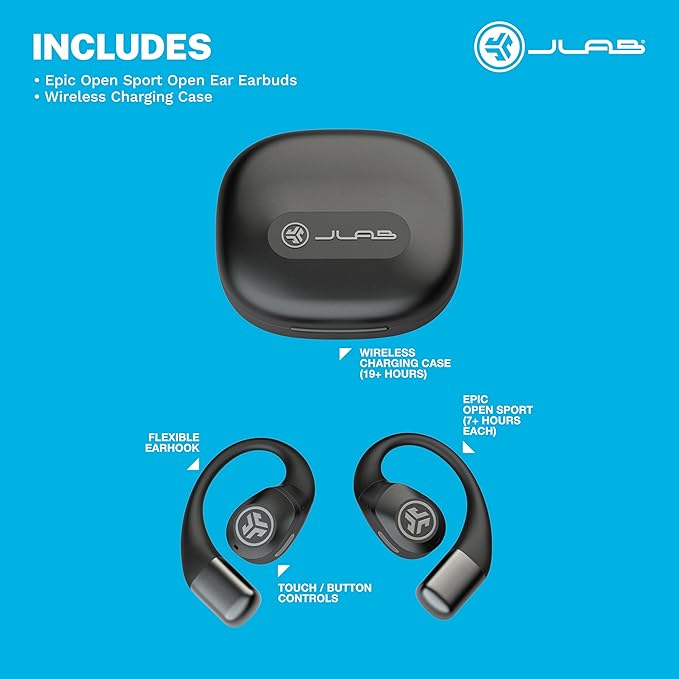 JLab Epic Open Sport Earbuds, Black, Wireless Open-Ear Audio Freedom Effortless Fit, Safe Listening, Bluetooth Multipoint, Customize with The App