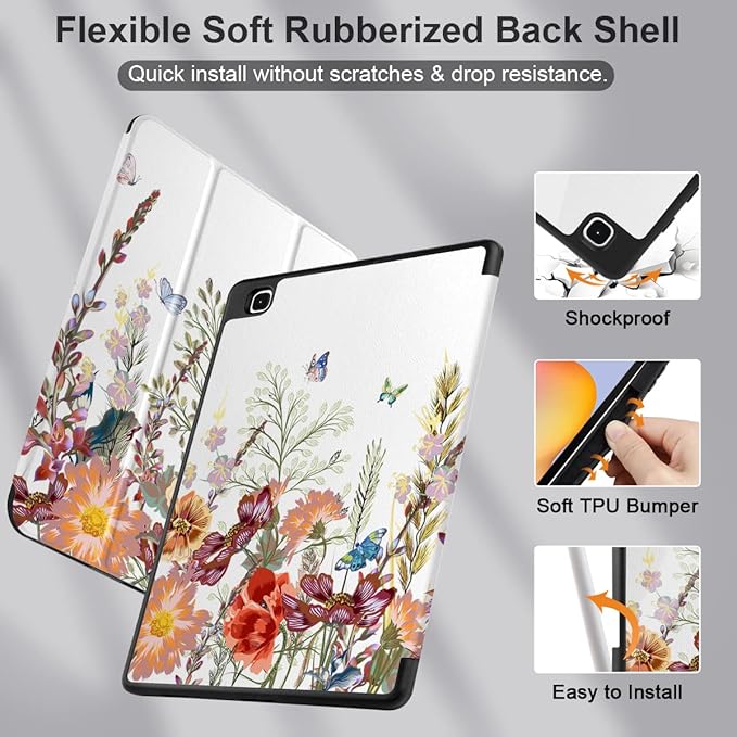 DONGKE Case for Samsung Galaxy Tab S6 Lite 10.4 Inch 2024/2022/2020, Trifold Stand + S Pen Holder + Auto Wake/Sleep + Soft TPU Protective Stand Back Cover, Floral