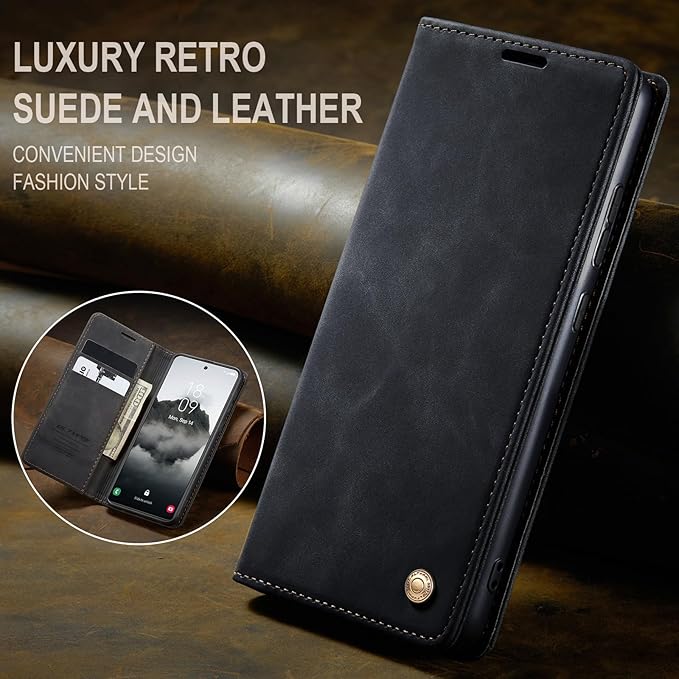 QLTYPRI Case for Samsung Galaxy S24, Vintage PU Leather Wallet Case Card Slot Kickstand Magnetic Closure Shockproof Flip Folio Case Cover for Samsung Galaxy S24 - Black