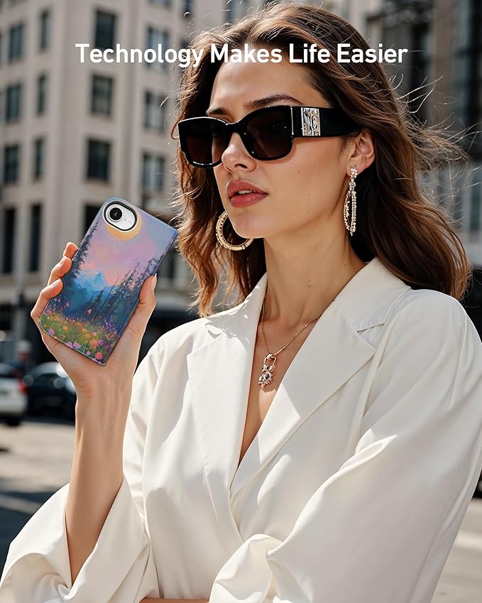 DEENAKIN for iPhone 16e Wallet Case with Card Holder + Cash Clip, RFID-Blocking, Military-Grade Drop Protection, Magnetic Closure with Leather Kickstand - Mountain Blossom Glow