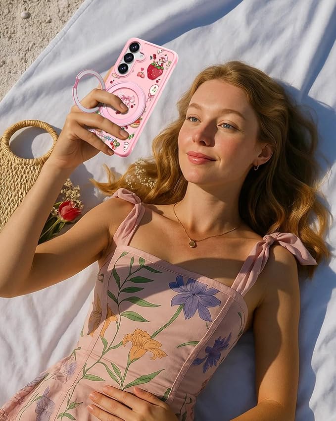 for Samsung Galaxy A16 4G/5G Case with 360° Rotatable Magnetic Ring - Semi-Transparent Anti-Fingerprint Soft-Touch Material Shockproof, Cute Pink Strawberry Design for Women Girl