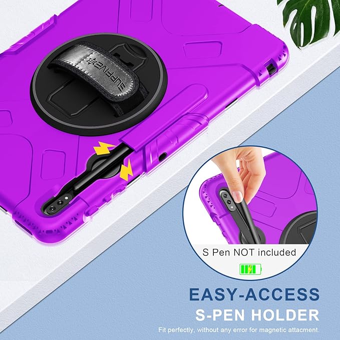 SUPFIVES Case for Samsung Galaxy Tab S8 Plus 2022: Three Layer Heavy Duty Silicone Protective Cover with Stand - S Pen Holder - Handle for Galaxy Tablet S8+/S7+/S7 FE 12.4" - Purple