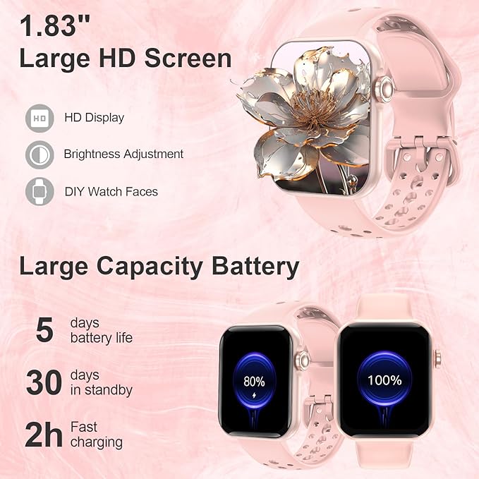 Smart Watches for Men Women 1.83" HD Display Activity Fitness Tracker Smartwatches for Android iOS Phones with Bluetooth Call/Heart Rate/Blood Pressure/Sleep Monitor/100+ Sport/IP67 Waterproof, Pink