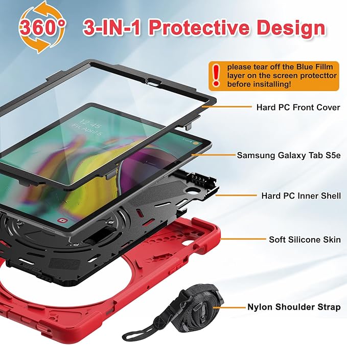 BRAECNstock for Samsung Galaxy Tab S5e Case 10.5 inch 2019 (SM-T720/T725/T727) Shockproof Protective Samsung S5e Tablet Kids Case with Screen Protector Rotating Kickstand Hand Strap Pen Holder - Red