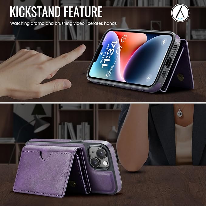 Asuwish Phone Case for iPhone 14 6.1 inch Wallet Magnetic Detachable Cell Cover with Wireless Charging and RFID Blocking Credit Card Holder Flip Stand iPhone14 5G i i-Phone i14 14Case Women Men Purple