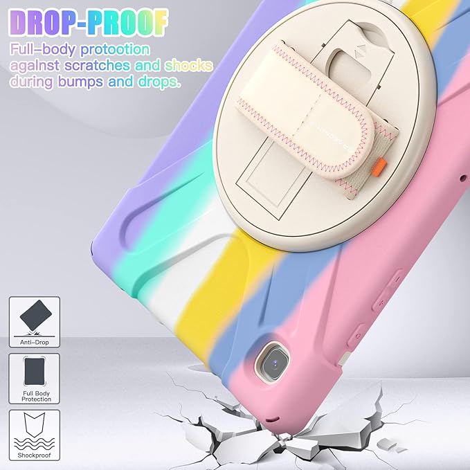 BRAECNstock for Samsung Galaxy Tab A7 10.4 inch Case 2022/2020 (SM-T500/T505/T509) with Screen Protector Shockproof Protective Tab A7 Kids Case with Rotating Stand+Hand Strap Pen Holder - Rainbow Pink