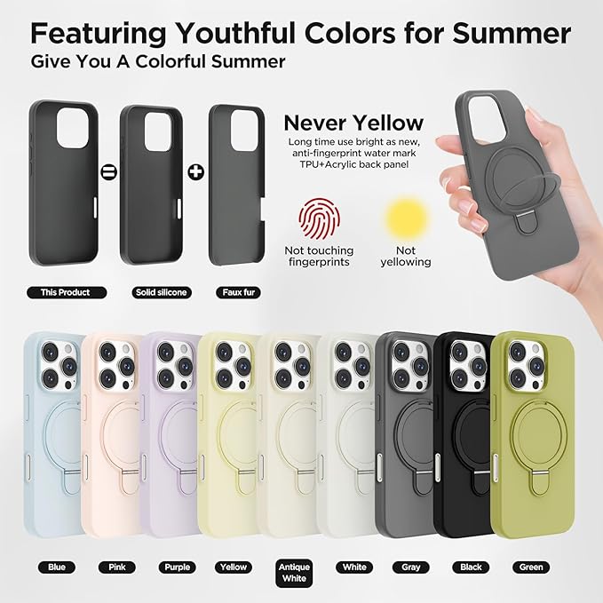 Magnetic Stand for iPhone16 Pro Case with Kickstand 【Lab-Certified Protection】【Not Yellowing】【Anti-Fingerprint】 Durable, Enhanced Grip, Slim,Gray,iPhone 16 Pro 6.3"