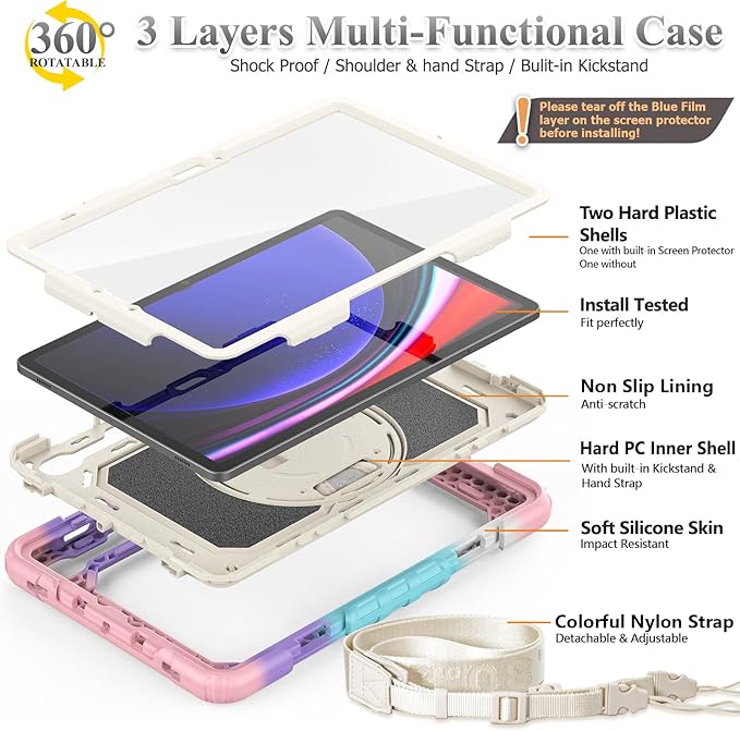 SEYMAC stock Case for Samsung Galaxy Tab S10 Lite / S10 FE / S9 FE 5G / S9 Tablet Case 10.9''/ 11'' Protective with Screen Protector, Pen Holder, 360 Rotate Stand, Hand Strap, Shoulder Strap,BeigePink