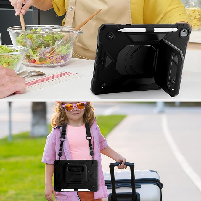 for iPad 10.2 inch Shockproof Case with 360 Rotating Grip Magic Stand, Pen Slot/Keychain/Carrying Shoulder Strap,Case for iPad 9th/8th/7th Gen