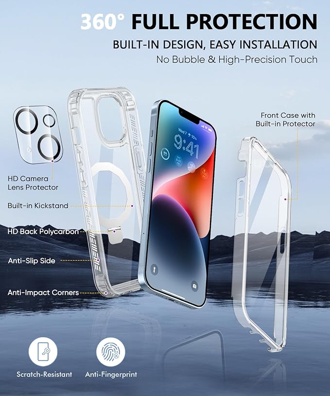 Compatible with iPhone 14 Plus Case, Built-in Screen Protector & Seamless Stand, with Camera Lens Protector, Strong Magnetic Clear Phone Case, Full Body Protective Cover for 6.7" (Clear)