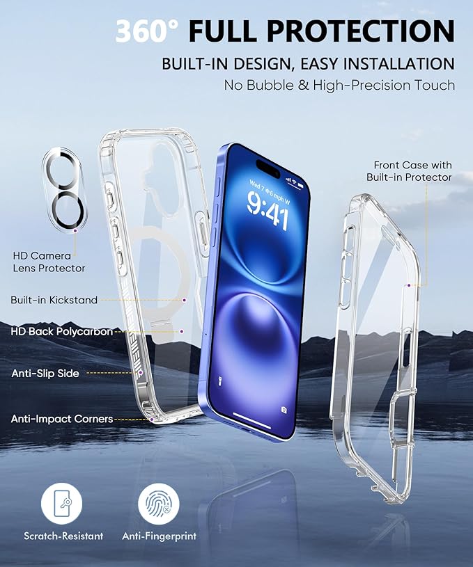 Compatible with iPhone 16 Case, Built-in Screen Protector & Seamless Stand, with Camera Lens Protector, Strong Magnetic Clear Phone Case, Full Body Protective Cover for 6.1" (Clear)