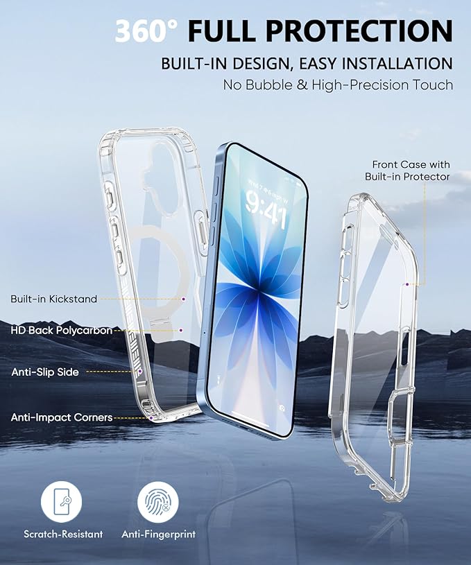 Compatible with iPhone 17 Case, Built-in Screen Protector & Seamless Stand, with Camera Lens Protector, Strong Magnetic Clear Phone Case, Full Body Protective Cover for 6.3" (Clear)