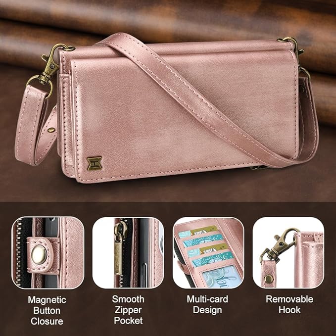 for iPhone 17 Pro Max Wallet Phone Case with 8 Card Holder,RFID Blocking | PU Leather | Kickstand | Flip | Wrist Strap&Shoulder Strap | Shockproof | Zipper Wallet | Women Men | 6.9" | Rose Gold