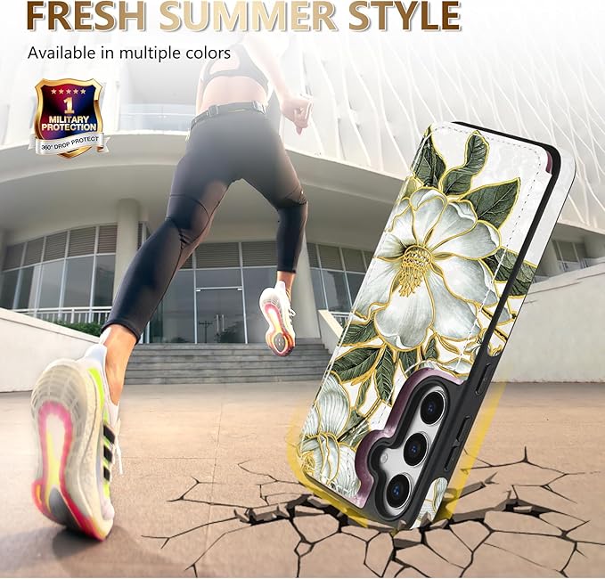 NNH Compatible with Samsung Galaxy S25 Plus Wallet Case with RFID Blocking Card Slots Folio Flip PU Leather Kickstand Double Magnetic Clasp Design Cover for Galaxy S25+(6.7 inch-Magnolia Flowers)