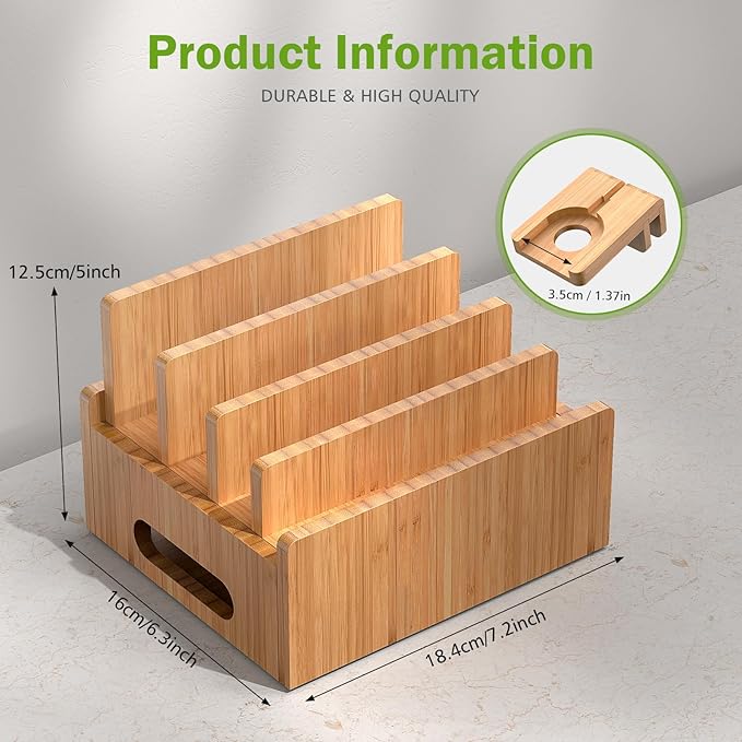 Pezin & Hulin Bamboo Charging Stand, Dock Organizer for Multi Devices, Cell Phone, Tablets, Smart Watch, with Pack 5 Cables, No Power Charger Block
