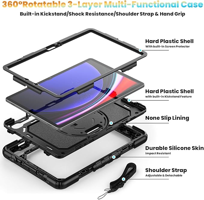 Herize Case Compatible with Samsung Galaxy Tab S10 FE / S9 FE 10.9 Inch Inch with Screen Protector | Cover for S9 11 Inch | Heavy Duty Shockproof Case W/Hand Strap Stand | Black
