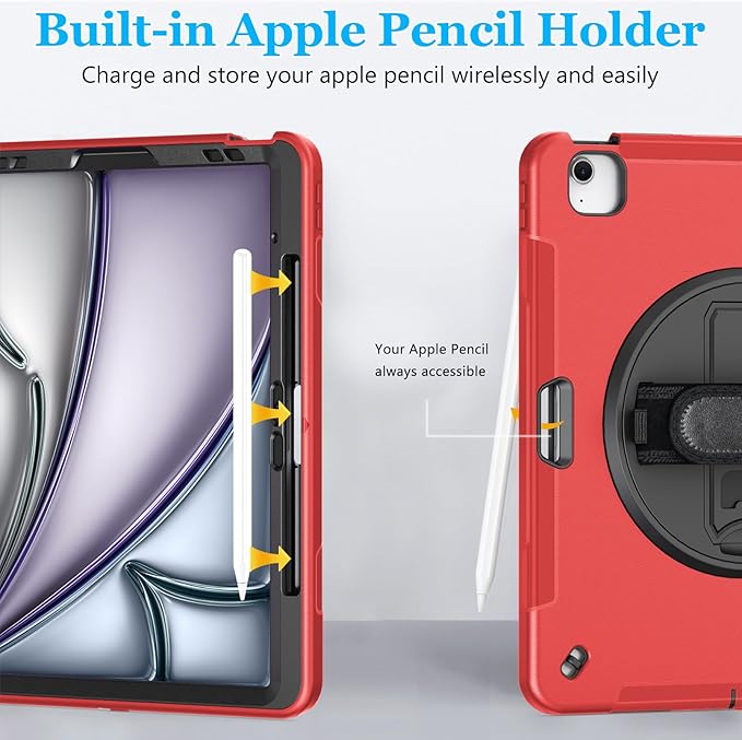 Case for iPad Air 13 Inch M3 2025 & M2 2024: Military Grade Cover for iPad Pro 12.9 6th/5th/4th/3rd Generation W/Screen Protector- Stand- Pencil Holder- Handle- Shoulder Strap- Red