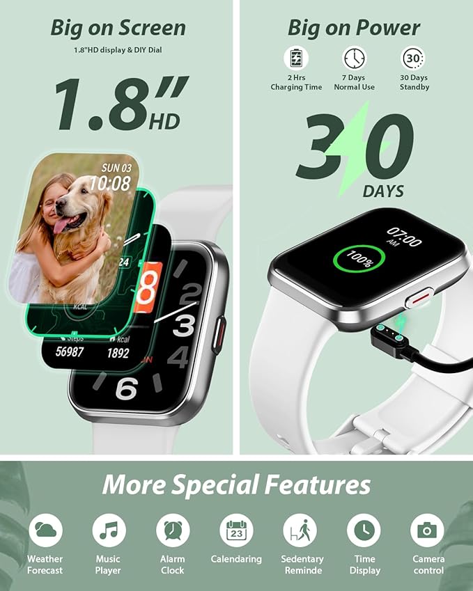 Bluetooth Smart Watch for Men Women(Call Receive/Dial), Alexa Built-in, 1.8" Touch Screen Fitness Tracker with Heart Rate Sleep Tracking, 100 Sports Modes, IP68 Waterproof Smartwatch