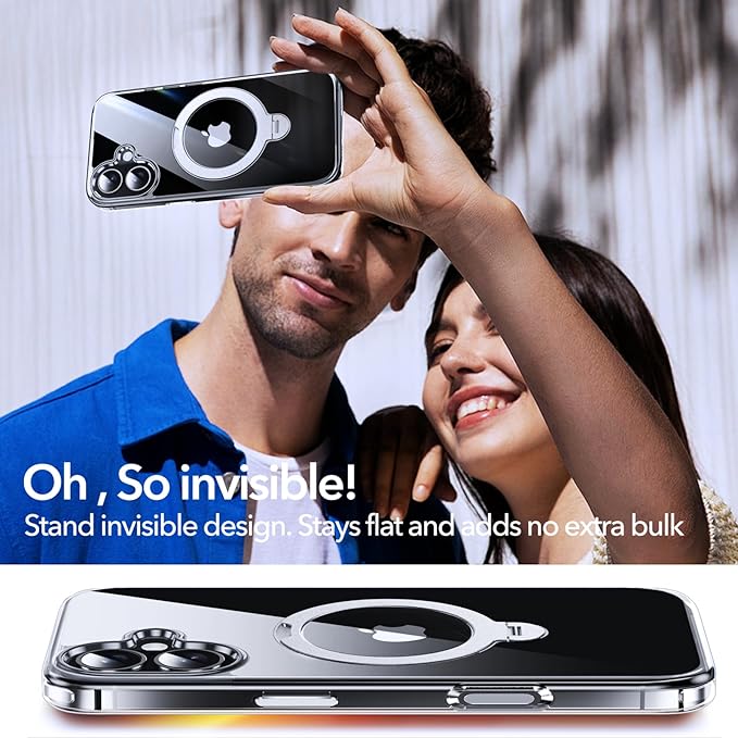 Anqrp 360° All-in-ONE Crystal Clear Case for iPhone 16 with Rotatable Magnetic Stand, Compatible with MagSafe, Anti-Yellowing Transparent MIL-Grade Shockproof Phone Case Cover for iPhone 16