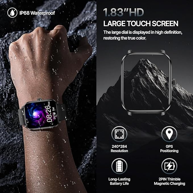 Smart Watch for Men Women, GPS Built-in, Bluetooth Calling, Heart Rate & Sleep Health Monitor, Stress Manage, IP68 Waterproof, 100+ Sports Mode, Smartwatch for Android & iPhone, Black
