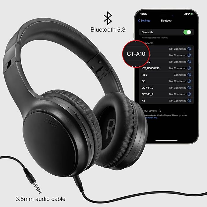 A10 Noise Cancelling Headphones Wireless, Black Bluetooth Headset with Mic, Bluetooth 5.3, HiFi Stereo Sound, Deep Bass, 20+H Playtime, Lightweight On Ear Wired Headphones for Tablet/PC
