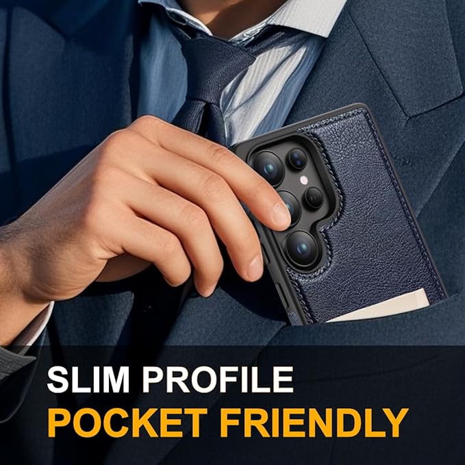 for Galaxy S25 Ultra Leather Case, Built-in Foldable Alloy Stand, with Camera Lens and Screen Protector, Slim Shockproof Kickstand Phone Cover 2025 (Blue)