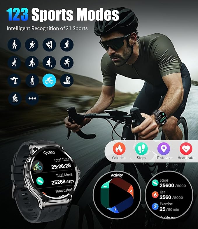 SUNKTA Military Smart Watch for Men,1.85" HD/800mAh Battery Smart Watches for Android iOS (Bluetooth Call Answer/Calls) Fitness Tracker with Heart Rate/Sleep Tracking/Blood Oxygen Black