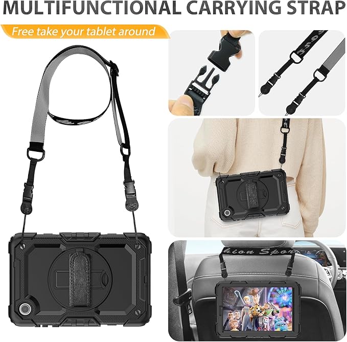 HXCASEAC Case for Lenovo Tab M8 4th Gen 2024/2023 (TB-301FU, TB-300FU), with Screen Protector/Rotating Hand Strap/Sturdy Stand, Protective HD Cover for Lenovo M8 Tablet Case 8 inch, Black