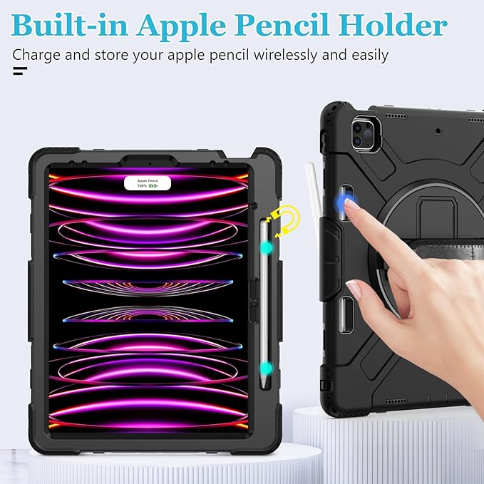 Case for iPad Pro 12.9 2022/2021/ 2020/2018: Cover for iPad Pro 12.9 6th/ 5th/ 4th/ 3rd Generation with Screen Protector- Stand- Pencil Holder- Handle- Shoulder Strap Black