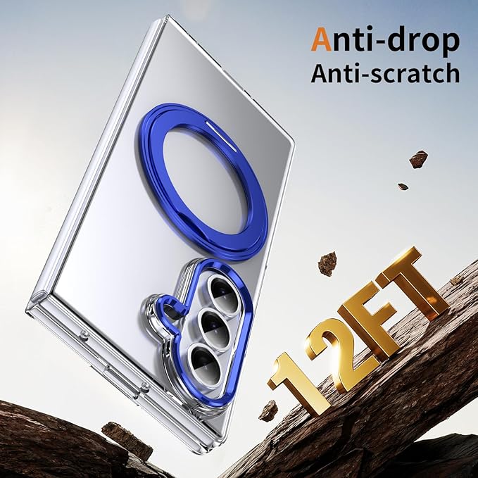 for Samsung Galaxy Z Fold 7 Case with Magnetic Ring Holder, 360 Rotating Bracket, Built-in Front Screen Len Protector, Anti-Yellowing & Anti-Fingerprint Crystal Clear Case.(Blue)