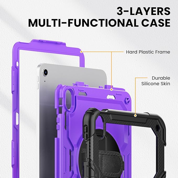 timecity for iPad (A16) 11th/ 10th Generation Case 11''/ 10.9 Inch (2025/2022) - Heavy Duty Protective Cover with Screen Protector, Stand, Shoulder Strap & Pencil Holder | Kids-Friendly - Purple