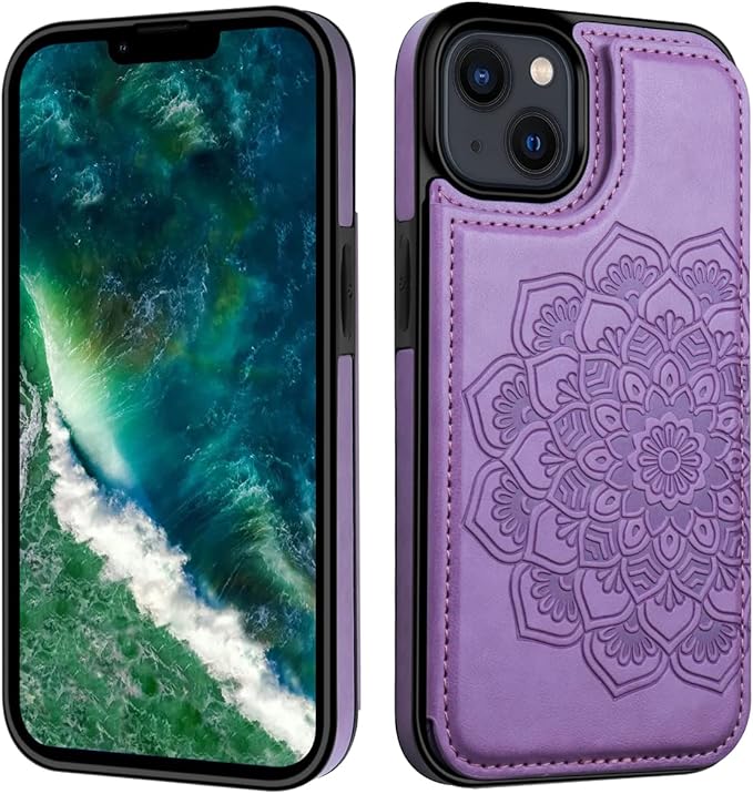 MMHUO for iPhone 14 Case with Card Holder, Flower Magnetic Back Flip Case for Women, Protective Case Phone Case for iPhone 14, Purple