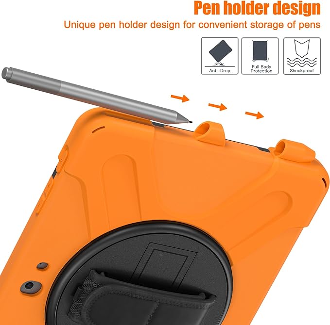 ZenRich Rugged Case for Surface Go with Pen Holder, Heavy Duty Shockproof Case with Stand, Hand Strap and Shoulder Belt - Orange