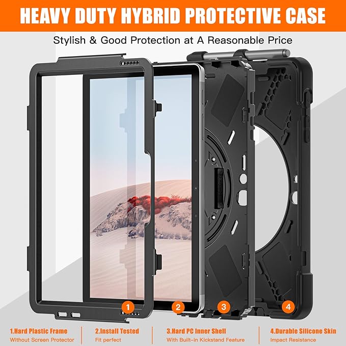DreamerX for Microsoft Surface Go 4/3/2/1 Case (2023/2021/2020/2018), Heavy Duty Military Grade Rugged Shockproof Kids Friendly Drop Protection Cover w/Rotating Stand Hand Strap Shoulder Strap, Black