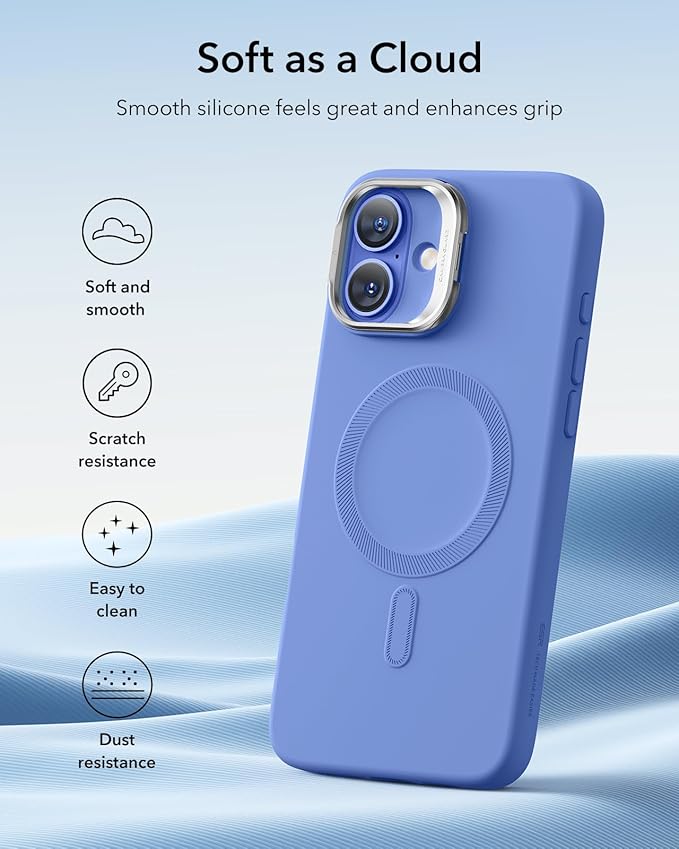 ESR for iPhone 16 Case, Camera Control Button Silicone Case with Stand, Compatible with MagSafe, Built-in Camera Stash Stand, Magnetic Phone Case, Cloud Series, Ultramarine