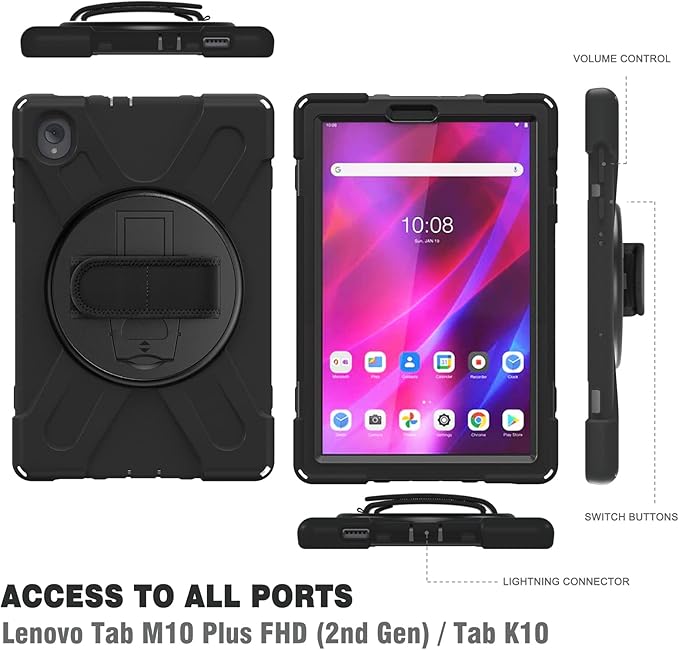 DreamerX Kids Case for Lenovo Tab K10 2021 / M10 FHD Plus 2nd Gen 10.3-inch 2020, Rugged Silicone Case Cover with Stand Hand/Shoulder Strap for 10.3" Tab K10 TB-X6C6L TB-X6C6F M10 Plus TB-X606F, Black