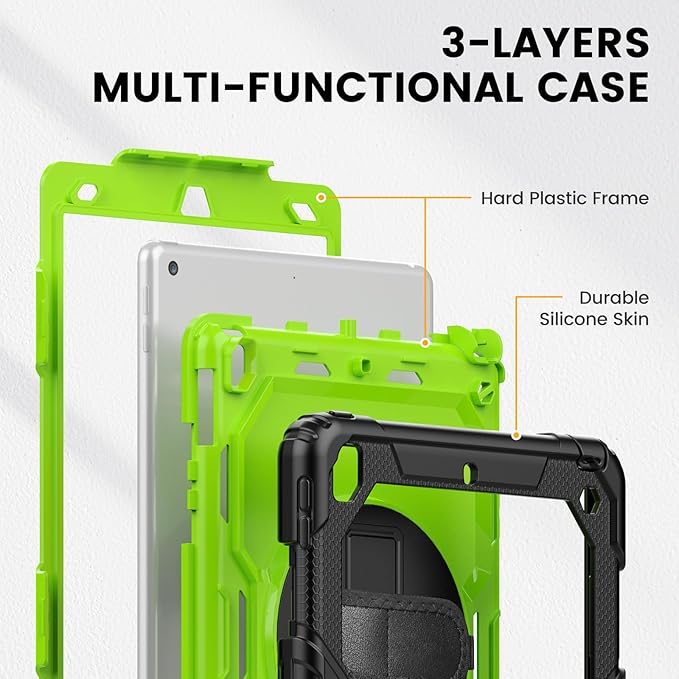 Timecity Case for iPad 9th/ 8th/ 7th Generation 10.2 inch - Heavy Duty Protective Cover with Screen Protector, Rotating Stand, Shoulder Strap & Pencil Holder | Kids-Friendly (Green)